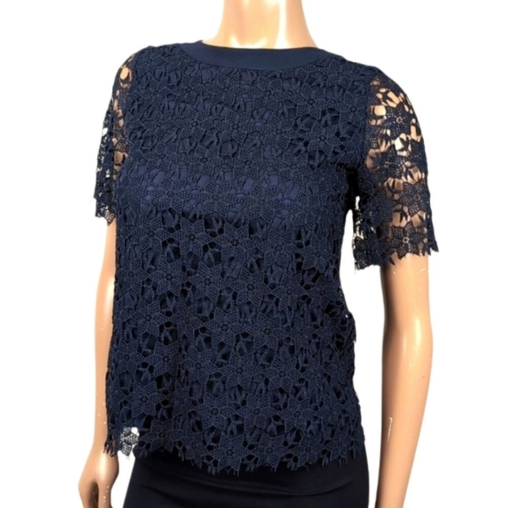Max&Co Bloomingdales Navy Crochet Top Short Sleeve Ribbon Tie Back Sheer Lace